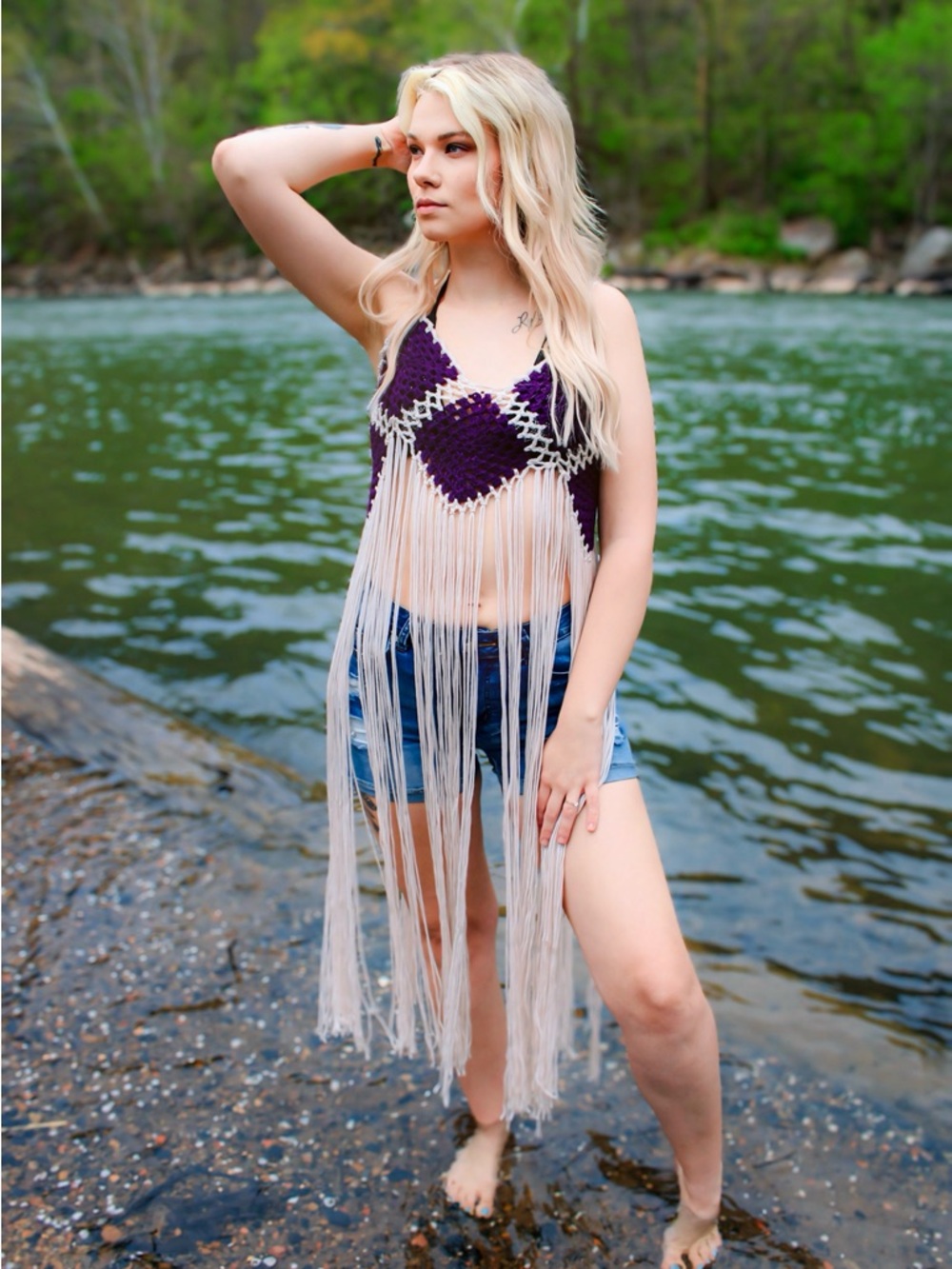 Boho Crochet Fringe cover up or carnival top in Purple and Cream